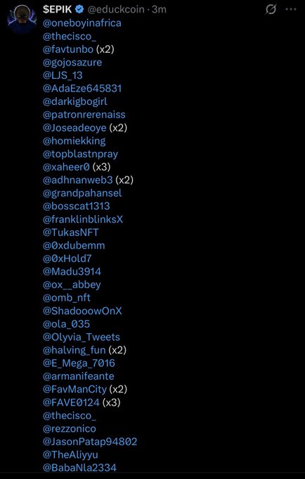 The image shows a list of tagged Twitter/X usernames from a tweet by SEPIK (@educkcoin), announcing the Week 2 winners of the $EPIK creator campaign, with 50 creators selected and SEPIK noting they received a 3X spot, bringing their total to 7X.