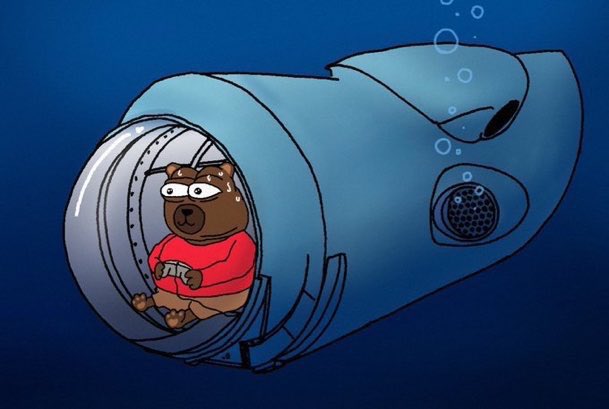A cartoon illustration of an anxious-looking bear in a red hoodie sitting inside a transparent bubble helmet of a blue submarine underwater.