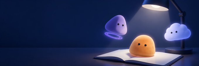 A stylized scene shows three glowing, blob-like AI characters—one purple with a halo, one orange standing on an open book, and one blue under a desk lamp—on a dark navy background. The imaginative AI-agent imagery complements the post’s description of creating 20,000 autonomous, on-chain agents on the Robinhood Chain; no readable text or numbers appear in the image.