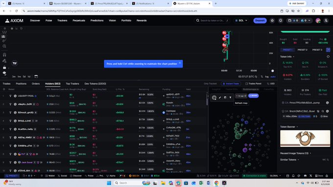 A screenshot of the Axiom trading platform showing the 'Pulse' tab with various meme coin pairs and their holdings, including pairs like 'US589T1POOL', 'MemAi_2u38', 'kikinai_go69', and a notification banner stating 'trrex and fwst SthH holding to maintain the chart position'.
