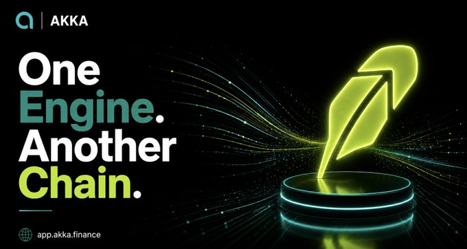 A promotional graphic with the text 'One Engine. Another Chain.' and 'AKKA' branding, featuring a glowing neon green quill icon on a dark background with the URL 'app.akka.finance'.