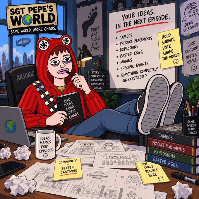 A cartoon illustration titled 'SGT PEPE'S WORLD' showing a character in a red Pepe-style hoodie sitting at a desk with feet up, holding a book titled 'BAD ideas GOOD ideas CHAOS' next to a whiteboard listing 'YOUR IDEAS IN THE NEXT EPISODE.'