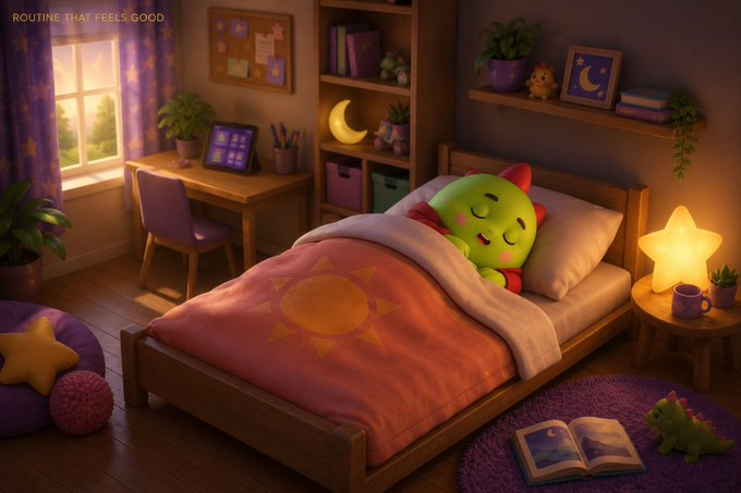 A cozy, dimly lit bedroom features a sleeping green dragon-like character tucked under a pink sun-patterned blanket, with a star-shaped nightlight glowing on a side table.
