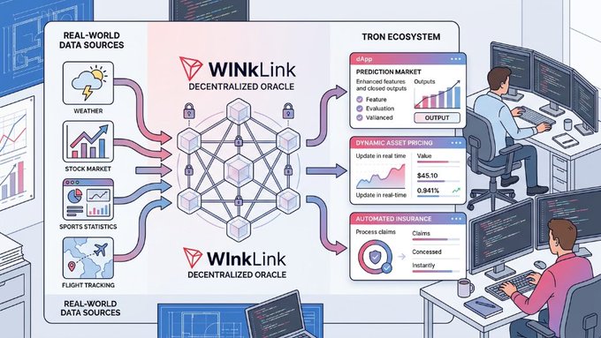 An infographic illustrating the WinLink Decentralized Oracle ecosystem, connecting real-world data sources (weather, stock market, sports, flight tracking) to TRON applications like prediction markets and insurance.