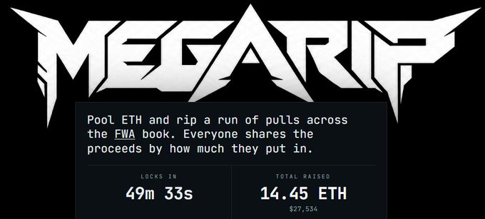 A website banner with a stylized 'MEGARIP' logo on a black background, advertising 'Pool ETH and rip a run of pulls across the FWA book', showing a countdown of '49m 33s' and 'TOTAL RAISED 14.45 ETH ($27,534)'.