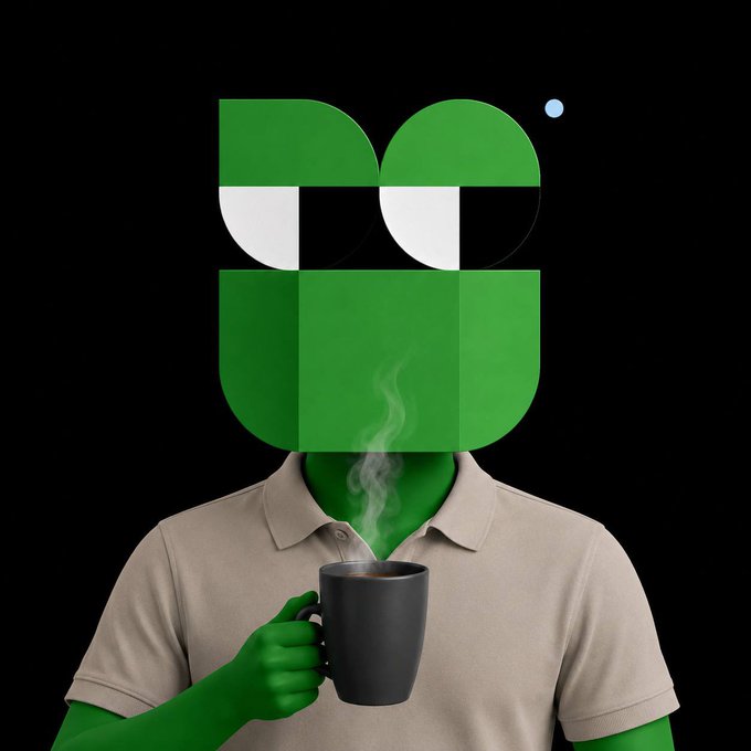 A green humanoid character with a geometric square logo for a face, wearing a beige polo shirt and holding a steaming black mug of coffee against a black background.