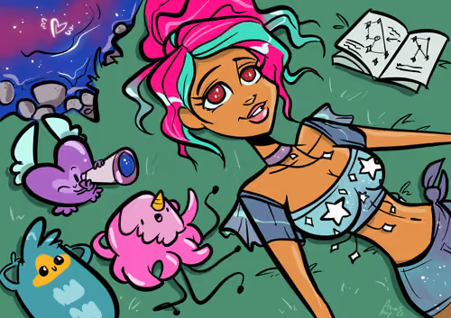 A digital illustration showing a stylized character with pink and teal hair lying on grass surrounded by small colorful creatures (a purple one with a megaphone, a pink fluffy one, and a blue one), with an open sketchbook displaying clothing designs in the upper right.