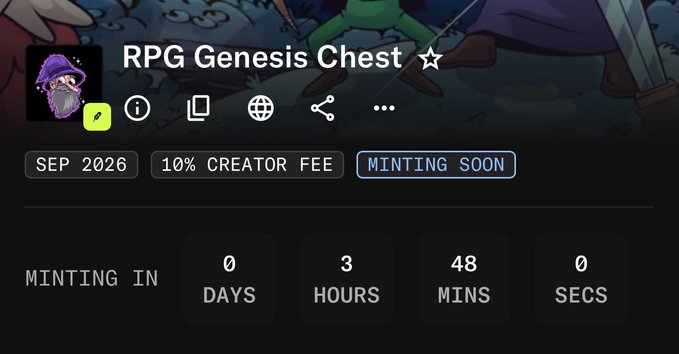 The image shows a countdown interface for the "RPG Genesis Chest" NFT minting scheduled for September 2026, with a 10% creator fee, displaying 0 days, 3 hours, 48 minutes, and 0 seconds remaining. This relates to the post as it confirms the user is referencing the upcoming @RpgOnchain mint, indicating anticipation for a potential profitable NFT drop.