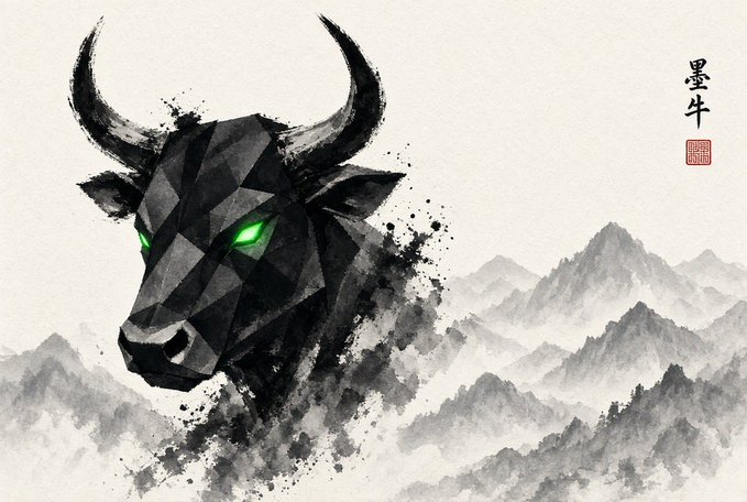 A stylized ink-wash painting of a geometric black bull with glowing green eyes, set against misty mountains with Chinese characters and a red seal stamp in the upper right corner.