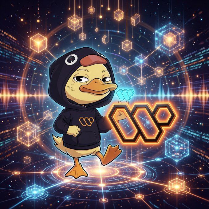 A cartoon duck mascot in a black hoodie stands in a futuristic, tech-themed environment with floating glowing cubes and a hexagonal logo, suggesting a cryptocurrency or tech project theme.