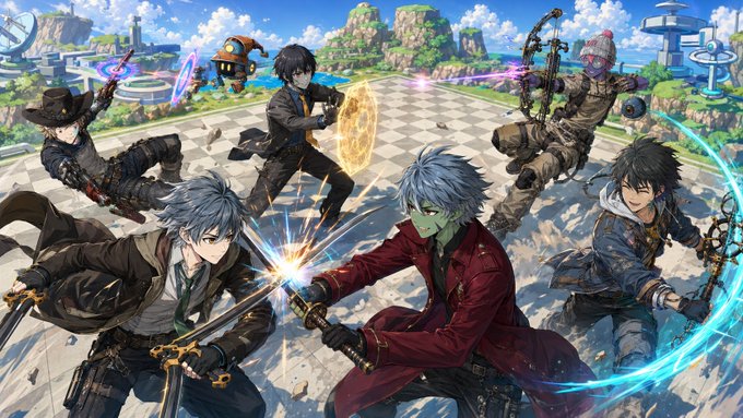 The image showcases six stylized anime-style warrior characters wielding various weapons and magical abilities in dynamic combat poses against a vibrant fantasy landscape. It appears to be promotional artwork for a Web3/NFT gaming project, aligning with the post's praise for the collection's clear vision and execution, positioning it as a top-tier project in the Ronin's ecosystem.