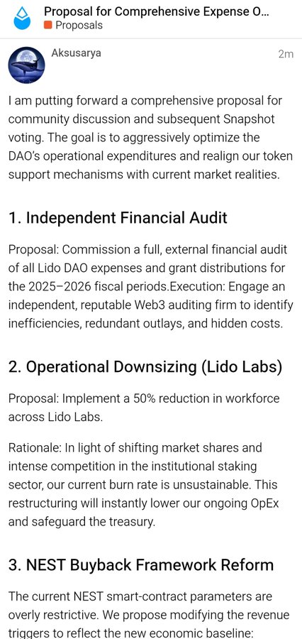 A Discord message titled "Proposal for Comprehensive Expense O..." from user Aksusarya proposing financial reforms for Lido DAO, including an independent financial audit, a 50% workforce reduction at Lido Labs, and NEST Buyback Framework Reform.