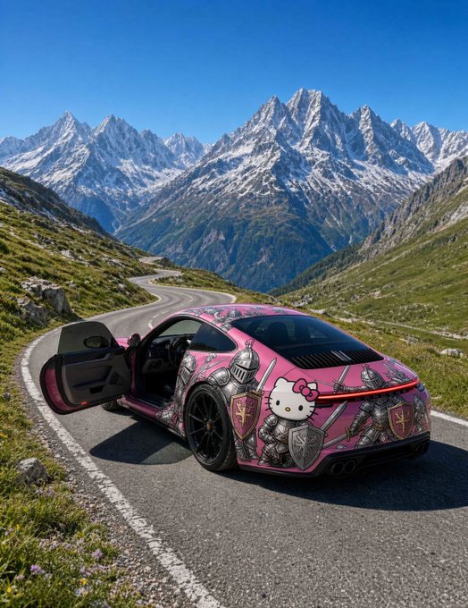 A pink sports car with custom Hello Kitty knight graphics parked on a winding mountain road with snow-capped peaks in the background.
