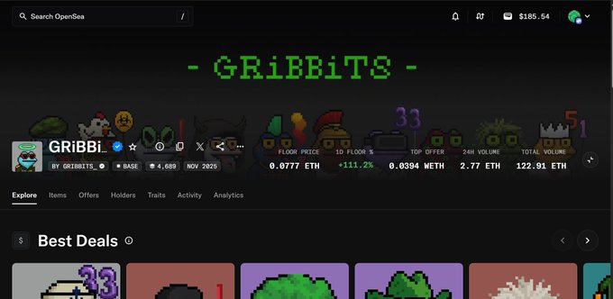 The OpenSea page for the GRiBBiTS NFT collection on Base blockchain displays a floor price of 0.0777 ETH (up 111.2%) with 4,689 items, alongside "Best Deals" listings showing individual GRiBBiTs character artwork, supporting the post's bullish claim that each NFT will eventually reach 1 ETH in value.