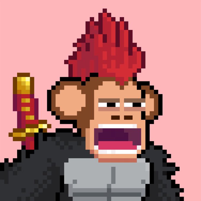 A pixelated monkey character with a vibrant red mohawk and a wide grin is depicted against a pink background, holding what appears to be a weapon. The image exemplifies the ChimpersHQ pixel art style being praised in the accompanying tweet as top-tier web3 artwork.