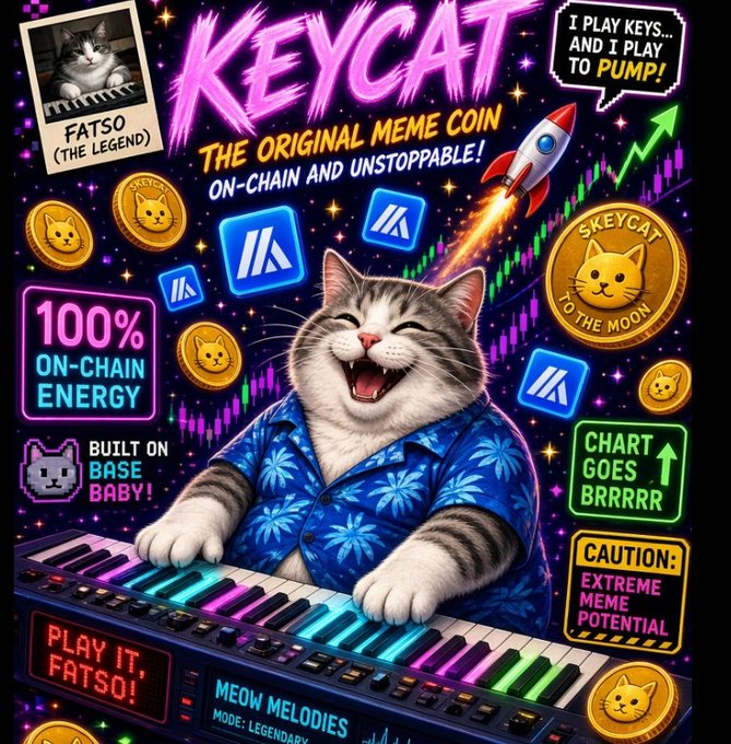 A vibrant meme-style poster for 'KEYCAT' cryptocurrency featuring a smiling cat playing a colorful keyboard, with text including '100% ON-CHAIN ENERGY', 'I PLAY KEYS... AND I PLAY TO PUMP!', 'BUILT ON BASE BABY!', and 'CAUTION: EXTREME MEME POTENTIAL'.