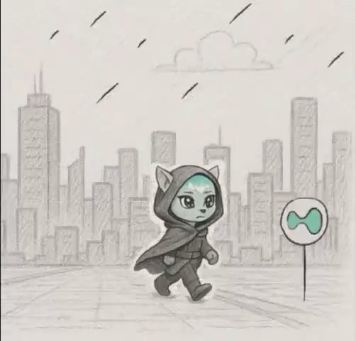 An artistic illustration showing a teal-skinned character wearing a dark hooded cloak walking through a rainy city street, with a bus stop sign beside them.