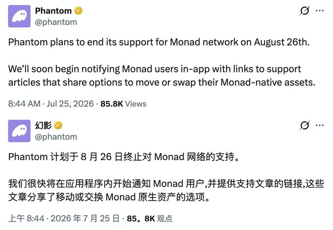 A screenshot of two tweets from Phantom (@phantom) showing an announcement in English and Chinese that Phantom will end support for the Monad network on August 26th, with the post dated July 25, 2026 and showing 85.8K/8K views. The image illustrates the Phantom announcement referenced in the caption, depicting one side of the "Web3 business war" between Phantom, MetaMask, and the Monad network.