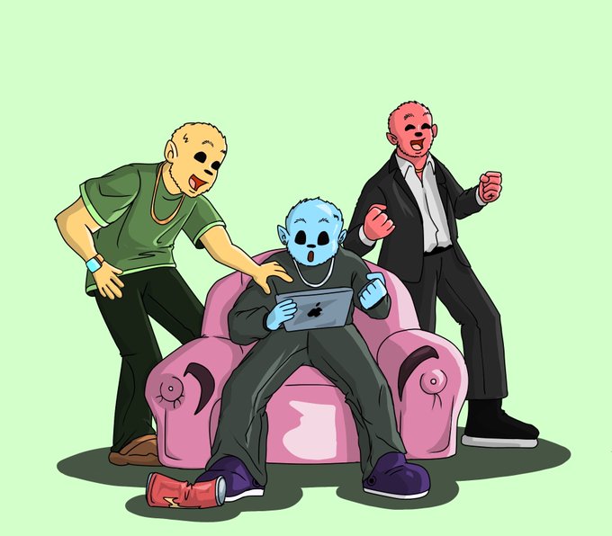 Three cartoon characters wearing colored wrestling-style masks react excitedly while looking at an Apple laptop displaying an NFT watchlist of free-mint projects like @projectmelo_, @pawerpfps, and @ppuffins, humorously depicting the frenzied hunt for upcoming NFT drops.