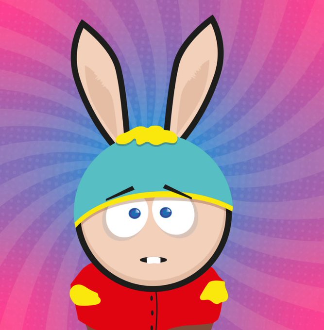 A cartoon character from South Park wearing rabbit ears and a teal hat stands against a vibrant pink and purple swirl background, matching the cheerful "Gm and a happy Wednesday" greeting. The character's wide, surprised eyes and small smile convey a cute, wholesome vibe fitting the friendly morning message.
