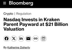 A Bloomberg article cover with the headline 'Nasdaq Invests in Kraken Parent Payward at $2.1 Billion Valuation' under the category 'Crypto Regulation', authored by Katherine Doherty.