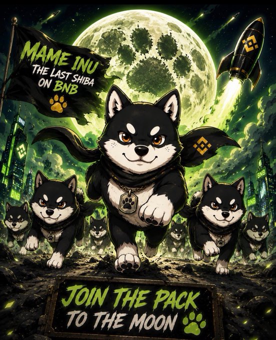 A pack of black-and-white Shiba Inu dogs charge forward wearing BNB tags under a glowing green moon, with a banner reading "MAME INU - THE LAST SHIBA ON BNB" and a bottom sign declaring "JOIN THE PACK TO THE MOON 🐾" alongside a rocket blasting off. The imagery visually unites the post's call for $SHIB and $BNB OGs to rally behind $MAME as the next legendary meme coin.