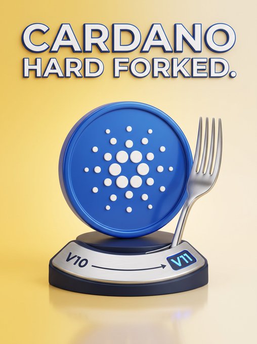 The image shows a 3D-rendered blue Cardano (ADA) coin displayed on a pedestal with a fork, with "V10" and "V11" labels and an arrow between them, beneath the bold text "CARDANO HARD FORKED."—visually representing the network upgrade from version 10 to version 11 referenced in the post about Cardano's hard fork.