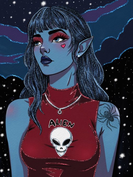 An illustrated portrait of a blue-skinned elf-like woman with pointed ears, dark hair, and red makeup wearing a red tank top that reads 'ALIEN' above a skull design, set against a starry night sky.