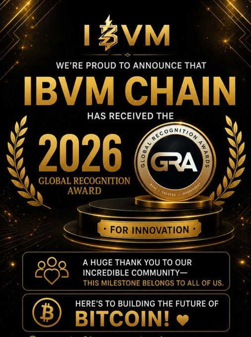 The image is a gold and black promotional graphic announcing that IBVM Chain has won the 2026 Global Recognition Award (GRA) for Innovation, featuring the IBVM logo, a golden "GRA" medal emblem, and text thanking the community while celebrating building "the future of Bitcoin." The accompanying post aligns with the image, highlighting IBVM Technologies' recognition for its innovation in making Bitcoin more scalable, energy-efficient, and accessible through no-code token creation.