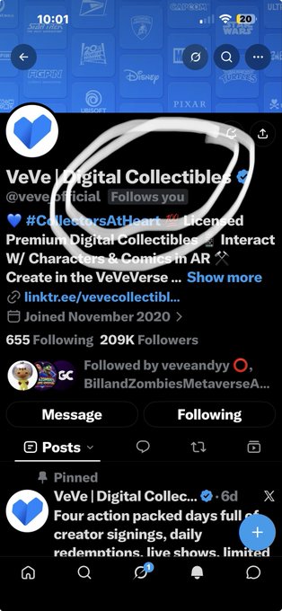 A mobile screenshot of the Twitter/X profile for 'VeVe | Digital Collectibles' (@veveofficial) with the bio circled in white, noting it was joined in November 2020 and has 209K followers.
