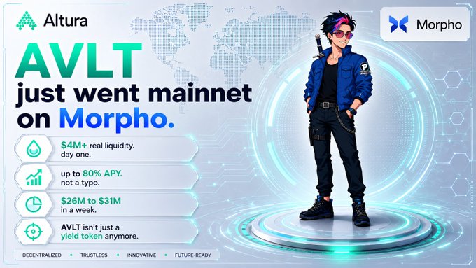 The image shows a man standing on a platform or stage, holding a sword while wearing a blue jacket. The text on the screen mentions something about an upcoming event at Altura with a focus on Morpo, and provides information about AVLT's new market strategy. This post is promoting the use of collateral for the initial deposit to enter the new Altura USDC market, as well as potentially providing information on token swapping and lending practices related to Morpoh. It also includes details such as a chart showing the growth in value of tokens over time and a map to locate the market where the initial deposit is made. The post highlights that AVLT holders can now access this new market by depositing their USDC, but they need to use collateral or tokens with a value higher than $4M+ for trading on the Altura mainnet.