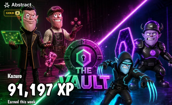Another Abstract promotional graphic featuring the same four cartoon characters around 'THE VAULT' with a 'GOLD' badge and text 'Kazuro 91,197 XP Earned this week'.