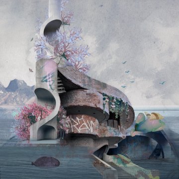 A surreal collage artwork depicts an abstract, organic architectural structure entwined with blossoming pink flora, rising from a misty seascape with scattered birds and a distant mountain. The piece features partially visible text including "AM MA" and embodies the collection's theme of ethereal places suspended between reality and dreams.