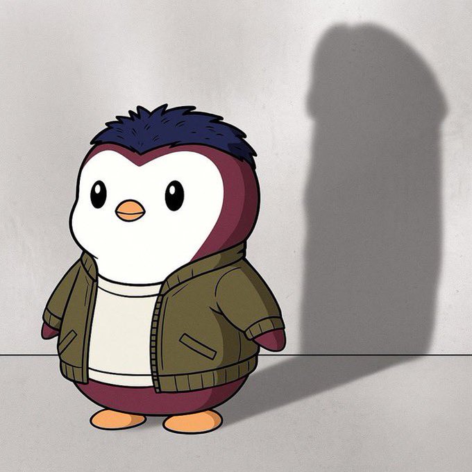 A cartoon illustration of a penguin character with dark blue hair, wearing a green jacket, with a large shadow cast on the wall behind it.