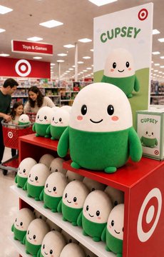Cupsey plush mascots are displayed on a red shelf at Target, featuring the character's signature egg-shaped body with a smiling face and green base, in front of a "CUPSEY" branded sign. The merchandise ties into the post's tagline "Dream big. Who says no?" as the cheerful mascot embodies a playful, optimistic brand personality that encourages followers to embrace fun and positivity.