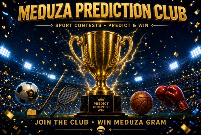 A banner for "MEDUZA PREDICTION CLUB" advertising sport contests where members can "PREDICT COMPETE WIN," featuring a golden trophy, lightning effects, soccer ball, hockey stick, tennis racket, basketball, and boxing gloves.