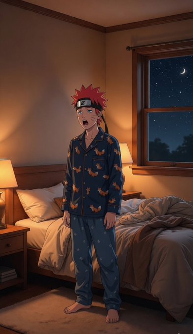 urna, a character from the anime Naruto, stands in a bedroom with a bed and nightstands, wearing a red shirt and blue pants against a dark sky backdrop.