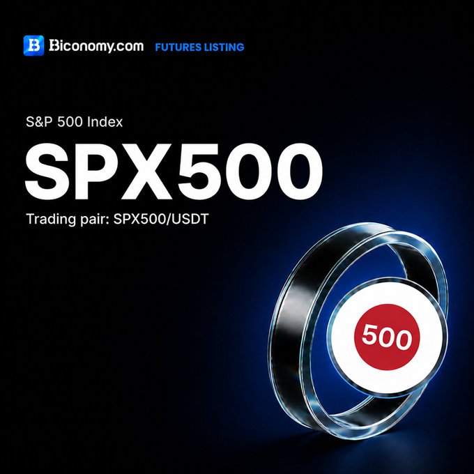 Biconomy.com announces a new futures listing for the S&P 500 Index, featuring SPX500/USDT perpetual contracts with up to 100x leverage, launching at 12:00 UTC on July 1, 2026.