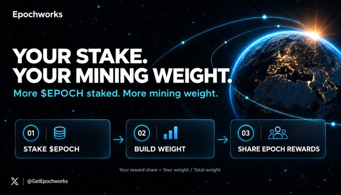 An Epochworks promotional graphic reads 'YOUR STAKE. YOUR MINING WEIGHT.' and illustrates a three-step process: '01 STAKE $EPOCH', '02 BUILD WEIGHT', and '03 SHARE EPOCH REWARDS' alongside an image of Earth.