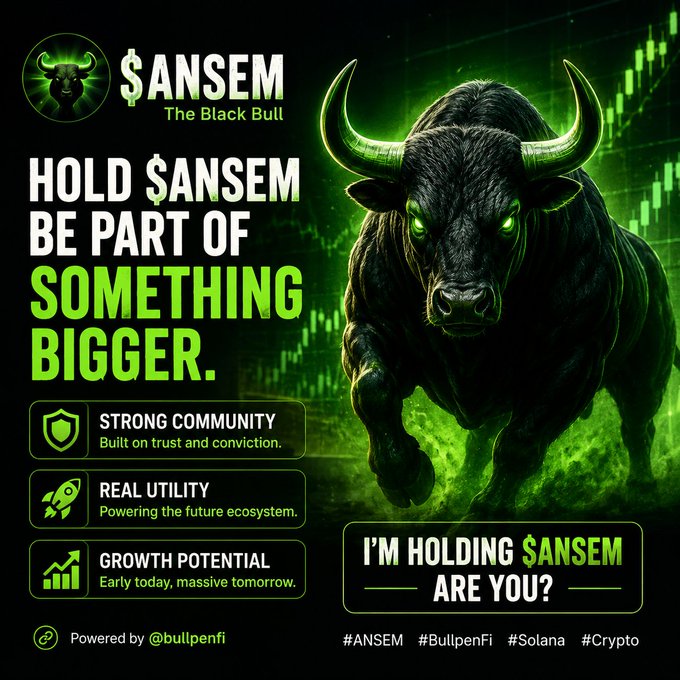 A promotional crypto advertisement for "$ANSEM The Black Bull" featuring a fierce black bull with glowing green eyes, listing features like "Strong Community", "Real Utility", and "Growth Potential", with tags #ANSEM #BullpenFi #Solana #Crypto and "Powered by @bullpenfi".