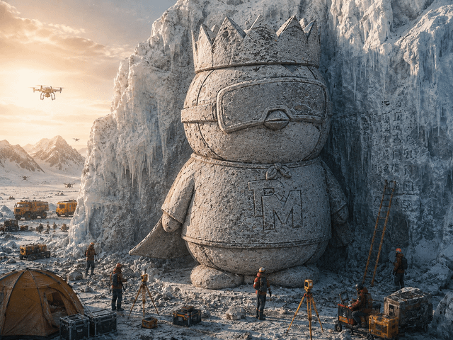 The image features a large stone statue of a penguin, wearing glasses and standing atop a snowy mountain. Surrounding the penguin are several people who appear to be working on or around the statue. The scene also includes various objects such as a tent, a drone flying overhead, and a small boat in the background. The post about the penguin's legacy reads: "PENGU Legacy Uncovered 🐧💚".