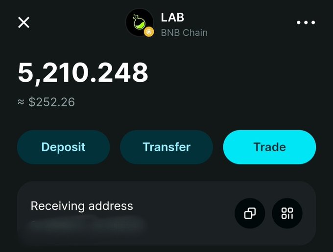Mobile wallet interface for a token named LAB on the BNB Chain, showing a balance of 5,210.248 (~$252.26) with Deposit, Transfer, and Trade options.