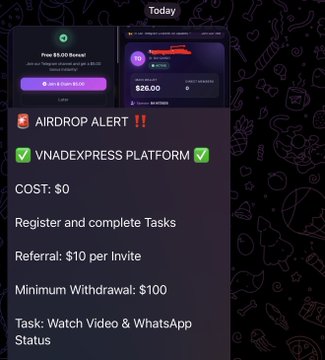A dark promotional graphic titled "Today" advertises an "AIRDROP ALERT" for the "VNADEXPRESS PLATFORM," claiming $0 cost, $2 per video ad watched, $10 per referral, and a $100 minimum withdrawal for watching video and WhatsApp tasks—mirroring the post's claims of free $2-$10 rewards with no assurance of payout. The top section shows preview screenshots of a Telegram wallet displaying a "$26.00" USDT balance and a "$4.00 (4%)" balance.