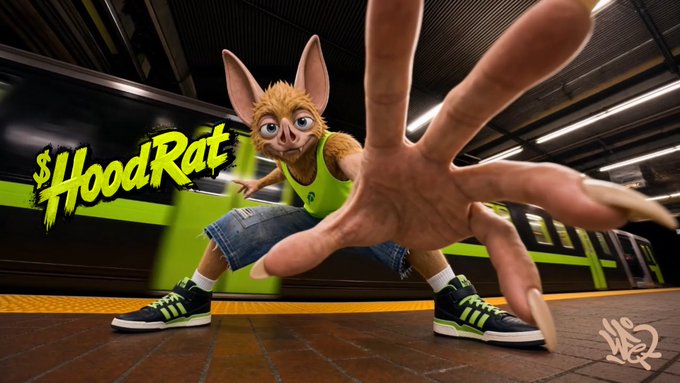 An anthropomorphic rat character strikes a dynamic, low-angle hip-hop pose at a subway platform, reaching one clawed hand toward the camera while wearing a green tank top, denim shorts, and green-trimmed sneakers. The stylized yellow "$HOODRAT" graffiti logo on the left reinforces the meme's confident, street-style vibe tied to the $HoodRat token branding.