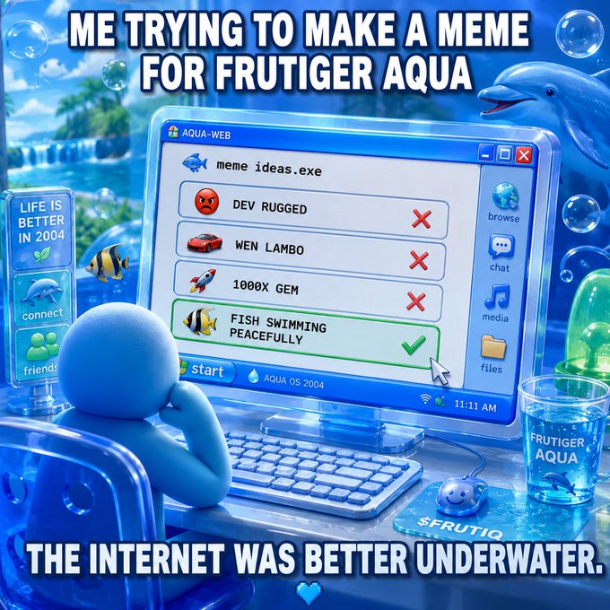A retro Windows XP-style meme depicting a character at a computer trying to make a meme for 'Frutiger Aqua,' with joke options like 'Dev rugged' and 'Wen Lambo' rejected, settling on 'Fish swimming peacefully,' captioned 'The internet was better underwater.'