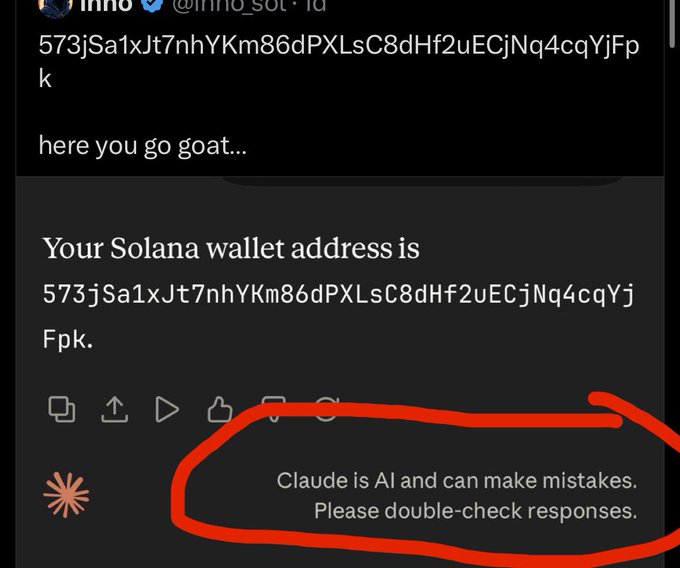 A screenshot of a social media post sharing a Solana wallet address '573jSa1xJt7nhYKm86dPXsC8dHf2uECjNq4cqYjFpk', with a Claude AI response highlighted in red, including the disclaimer 'Claude is AI and can make mistakes. Please double-check responses.'