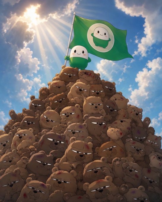 A small, smiling green mascot triumphantly plants a flag atop a massive pile of battered, battle-worn teddy bears under a radiant sun, symbolizing "$CUPSEY" rising victorious after overcoming countless challenges. The image visually echoes the post's rallying cry of perseverance and triumph, with the lone hero standing triumphant above defeated foes.