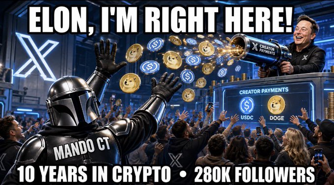 The image depicts Elon Musk firing a "Creator Payments" cannon showering USDC and DOGE coins at a crowd, while the Mandalorian figure labeled "MANDO CT" raises his hands, with text reading "ELON, I'M RIGHT HERE! 10 YEARS IN CRYPTO • 280K FOLLOWERS"—visually illustrating a crypto influencer's appeal to be included in X's stablecoin-based creator payment pilot.