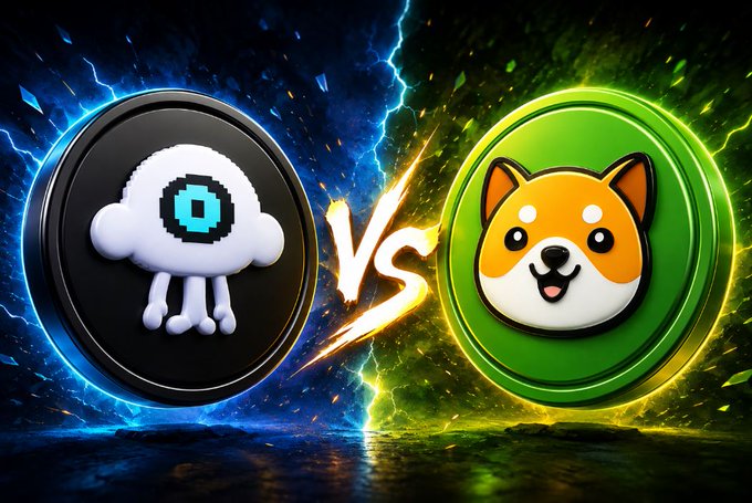 A dramatic digital graphic displays a 'VS' battle between two cryptocurrency coins: a black coin with a white squid character on the left and a green coin with a Shiba Inu dog face on the right, set against a background of blue and green lightning.