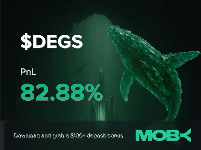 A promotional graphic for Moby Mobile features a glowing green whale set against a dark underwater backdrop, highlighting a win alert for the $DEGS token with an impressive PnL of 82.88%, alongside a call-to-action offering a $100+ deposit bonus and the Moby logo.